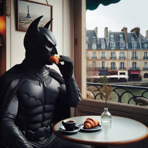 Dark Vigilante Enjoying Croissant in French Cafe