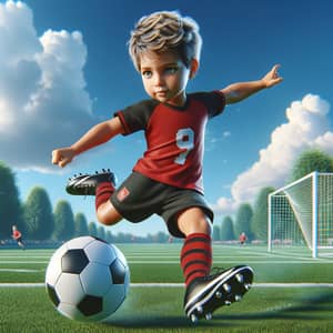 Young Boy Playing Football with Enthusiasm in Green Field