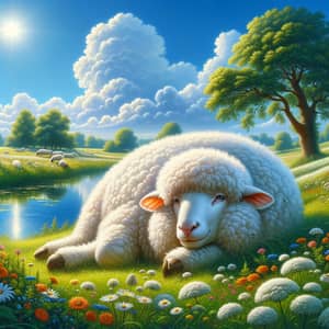 Tranquil Countryside Scene with Fluffy Sheep Grazing