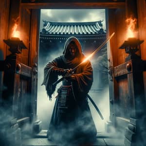 Sinister Samurai at Ancient Japanese Temple - Unsheathing Sword in Fog