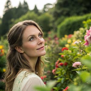 Beautiful Woman with Green Eyes in a Garden