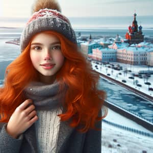 Red-Haired Teenage Girl in Winter Hat by Arkhangelsk Coast