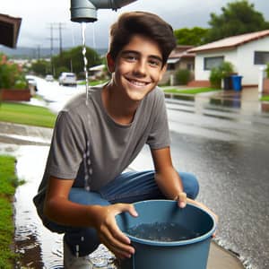 Young Hispanic Boy Saving Rainwater for Sustainable Future