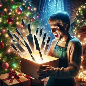 Joyous Customer Unwrapping Gleaming Culinary Blades | Festive Room Scene