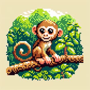 Pixel Art Monkey: Joyful Primate Sitting on Tree Branch