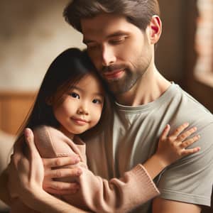 Caucasian Father Embracing Asian Daughter | Deep Familial Bonds