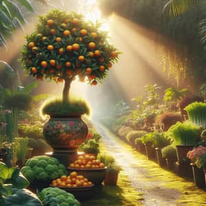 Vibrant Outdoor Scene with Potted Plants and Fruits