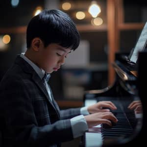 Cinematic Piano Photo of an Asian Kid in Music School