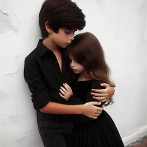 Dark-Haired Boy Hugging Brown-Haired Girl Against White Wall