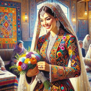 Jubilant Tajik Bride Oil Painting - Traditional Wedding Art