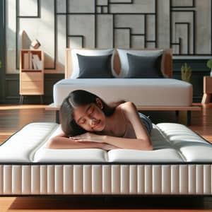 Peaceful South Asian Girl Resting on Modern Interior Mattress