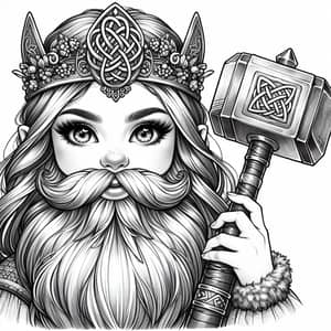 Bearded Gnome Girl with Diadem and Hammer - Symbol of Strength