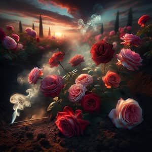 Roses in Soil: A Mystical Scene of Blooming Beauty