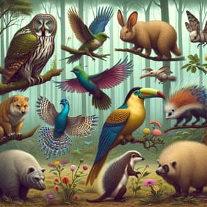 Avian-Mammal Hybrids in Surreal Forest Scene