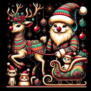 Whimsical Red-Nosed Reindeer & Cats Festive Illustration