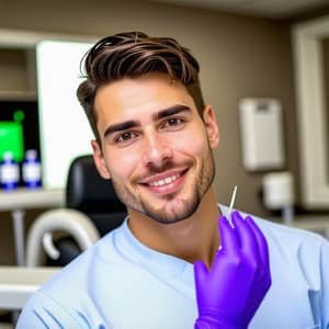 Handsome Male Dentist with Brown Hair in Purple Gloves