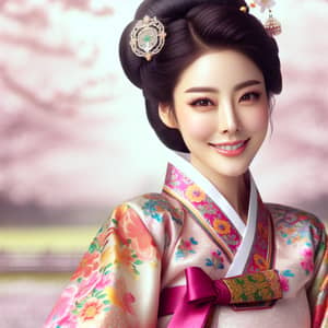 Beautiful Asian Woman in Traditional Hanbok | Vibrant Silk Garment