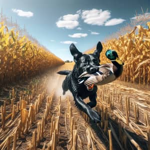 Energetic Black Labrador Retrieving Mallard Duck in Cornfield