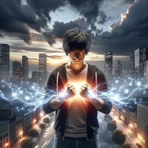 Ordinary Person Transforms into Superhero with Glowing Powers in Cityscape