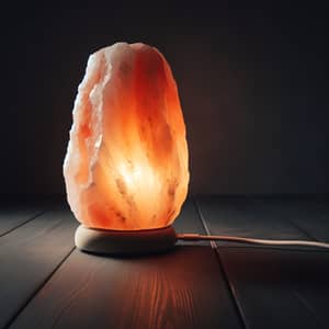 Glowing Pink Himalayan Salt Lamp on Dark Wooden Table