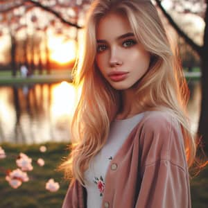 Beautiful Blonde Girl by Serene Lake at Sunset