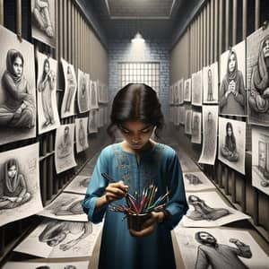 Empowering Creativity: South Asian Girl in Cell with Drawing Tools