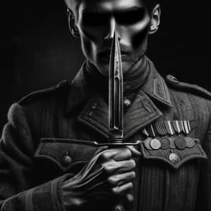 Masculine Soldier with Hollow Face Holding a Bayonet | Black and White Style