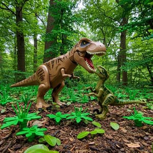 LEGO T. Rex vs Raptor Battle in Forest Setting