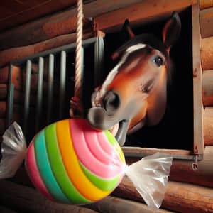 Happy Horse Enjoying Apple-Flavored Candy in Rustic Stable