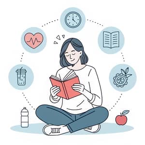 Line Art: Woman Reading & Wellness Icons