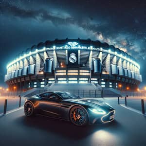 Night View Santiago Bernabeu Stadium Wallpaper with Luxury Sports Car