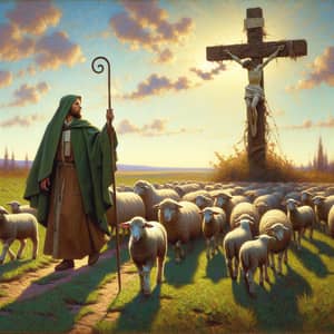 Diverse Shepherd Leading Sheep to Wooden Cross in Green Pastures