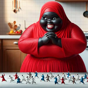 Smiling Fat Black Arabic Woman in Red Dress Watching Tiny Men Flee