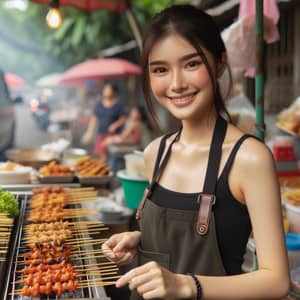 Southeast Asian Woman Street-Side Skewer Stall