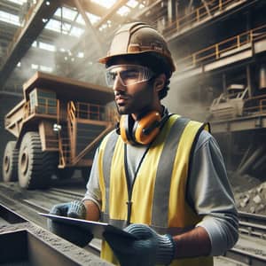 Middle-Eastern Worker Operating Heavy Machinery in Mining Industry