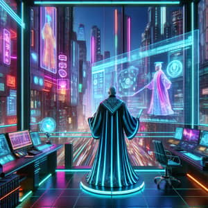 Futuristic Cyberpunk City Courtroom with South Asian Judge