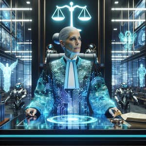 Futuristic Judge in Luminescent Cerulean Robe | Digital Justice Setting