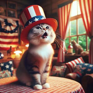 Adorable Cat Singing the American Anthem in Patriotic Setting