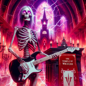 Temple of Wicced: Female Skeleton Preacher Playing Black Fender Stratocaster Guitar