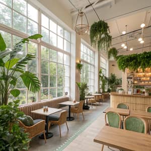 Cozy Light Airy Cafe with Green Plants