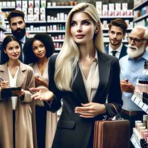 Expert Blonde Saleswoman Interacting with Wholesale Beauty Product Customers