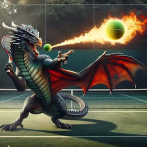 Majestic Dragon Playing Tennis: Fiery Serve on Grass Court