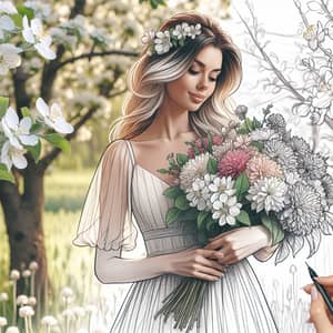 Caucasian Woman Holding Spring Flowers in Blooming Garden