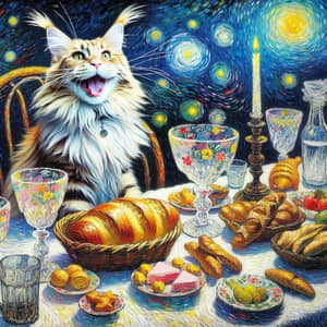 Festive Maine Coon Cat Painting on Table with Sumptuous Food