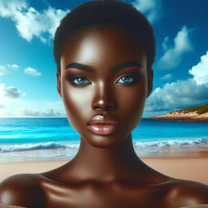 Beautiful Beach Landscape with Black Girl Gazing into Horizon