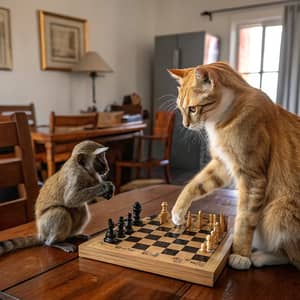 Muscular Cat Playing Chess with Ringo