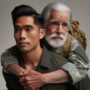 South Asian Man Carrying Hispanic Elder in Military Attire