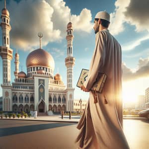 South Asian Muslim Man Walking Towards Beautiful Masjid