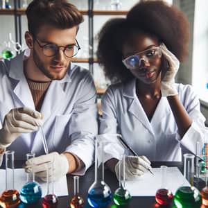 Passionate Male and Committed Female Scientists Writing Chemistry Thesis