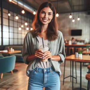 Smiling Woman with Drink in Cozy Cafe